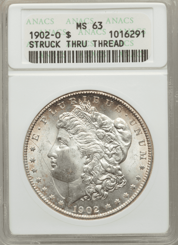 1902 Silver Dollar Struck Through Thread Error
