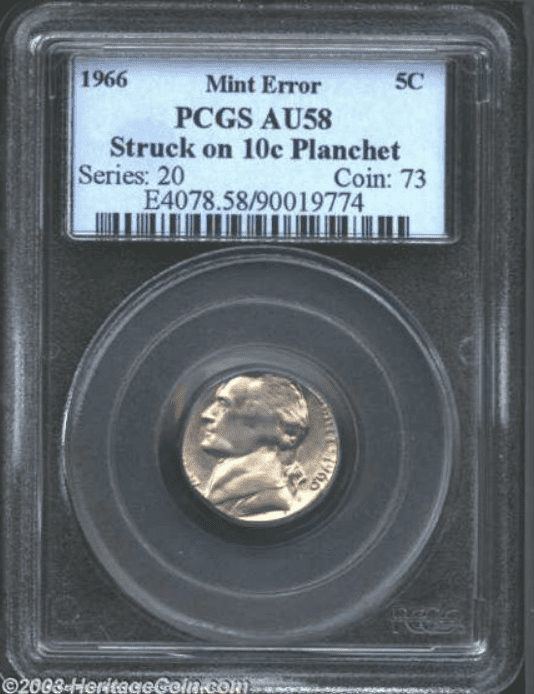 1966 Nickel Struck on 10C Planchet Error