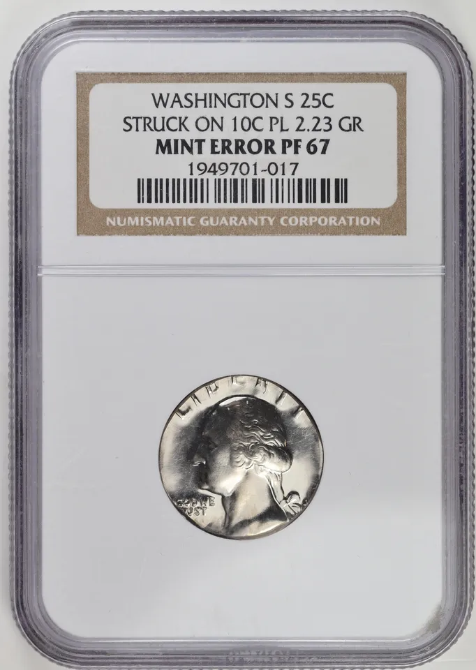 1967 Struck on 10-cent Dime Planchet Quarter Error