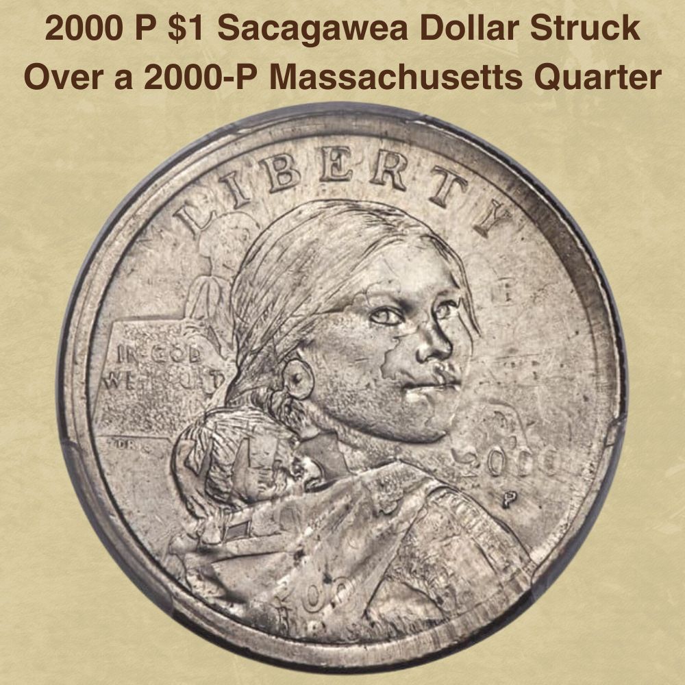 2000 P $1 Sacagawea Dollar Struck Over a 2000-P Massachusetts Quarter