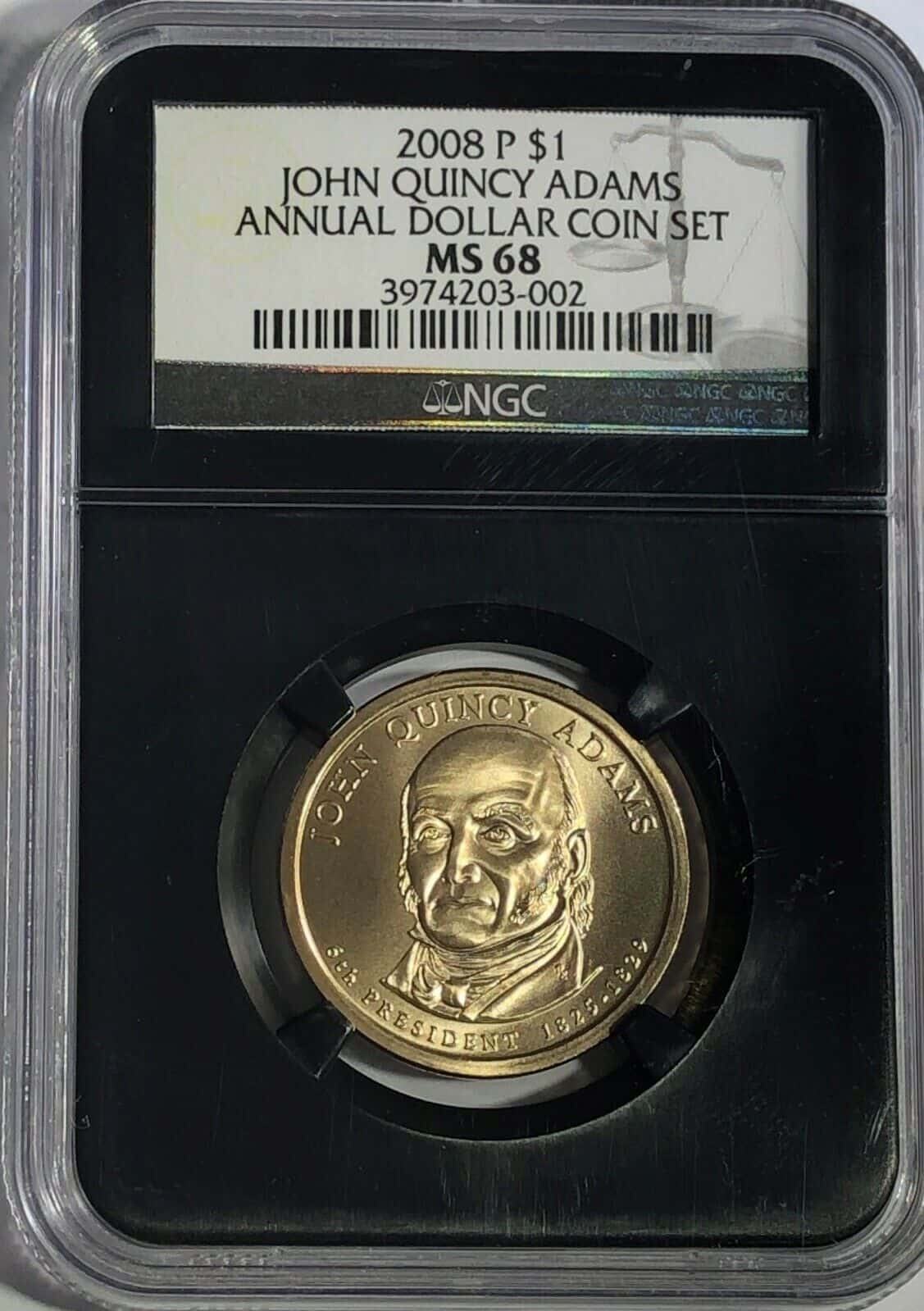 (2008) John Quincy Adams Dollar, Missing Edge Lettering, MS68 $425