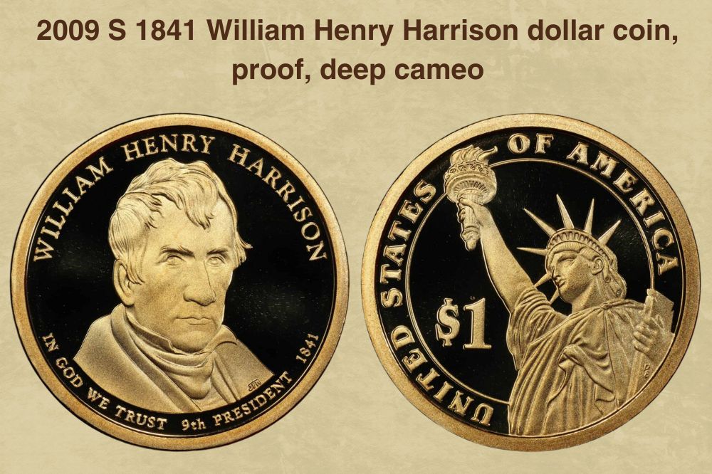 2009 S 1841 William Henry Harrison dollar coin, proof, deep cameo