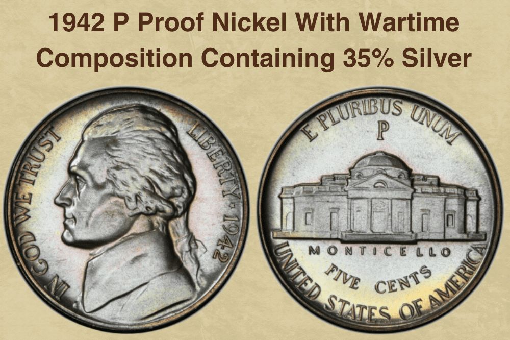 1942 P Proof Nickel With Wartime Composition Containing 35% Silver