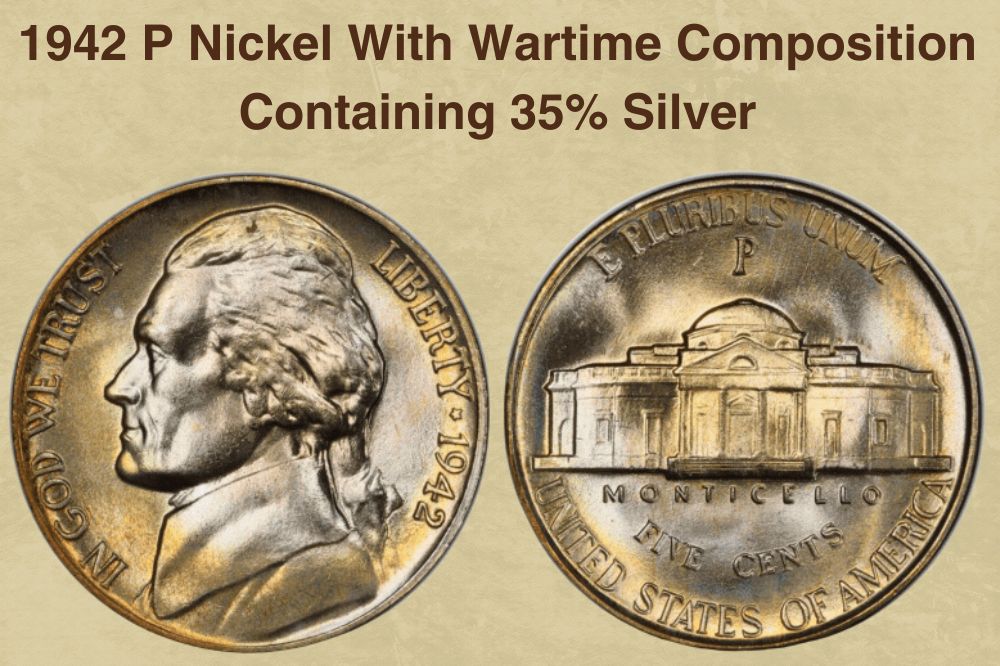1942 P nickel with wartime composition containing 35% silver