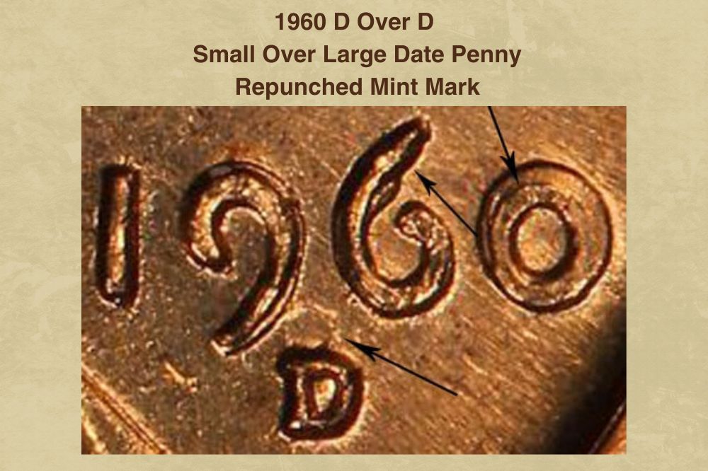 1960 D Over D, Small Over Large Date Penny, Repunched Mint Mark