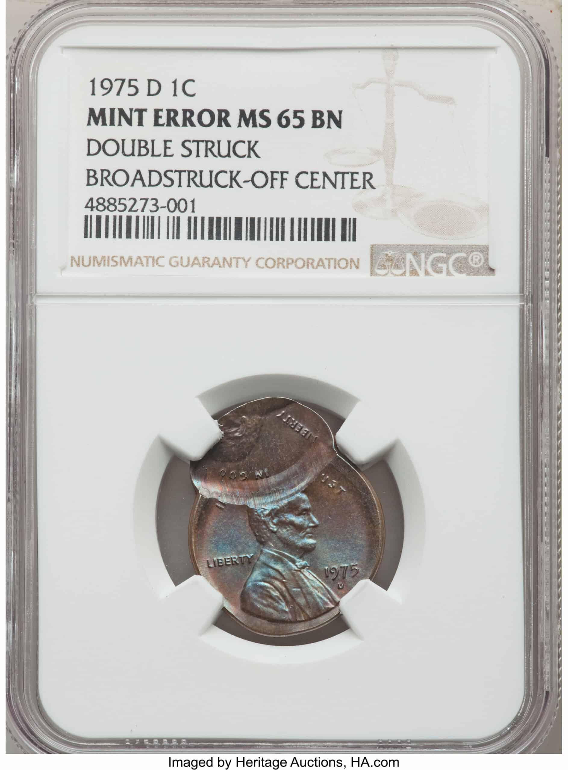 1975-D Penny Double Strike Broadstruck Off-Centre