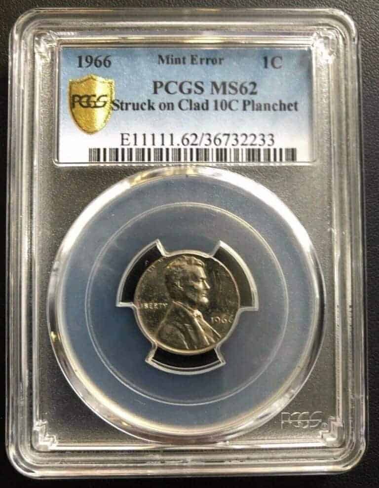 1966 Penny struck on a 10-cent (dime) planchet