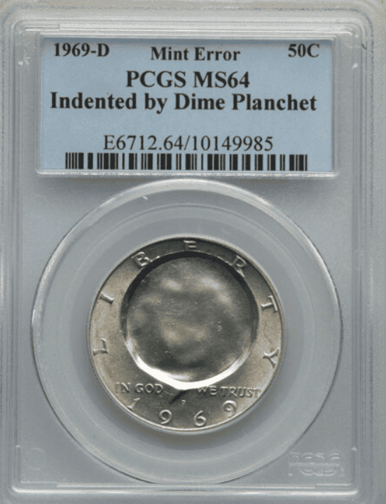 1969 Kennedy Half Dollar dime planchet indentation