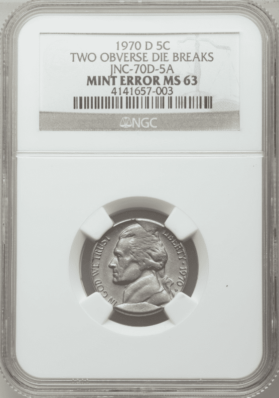 1970 D Nickel, Two Obverse Die Breaks