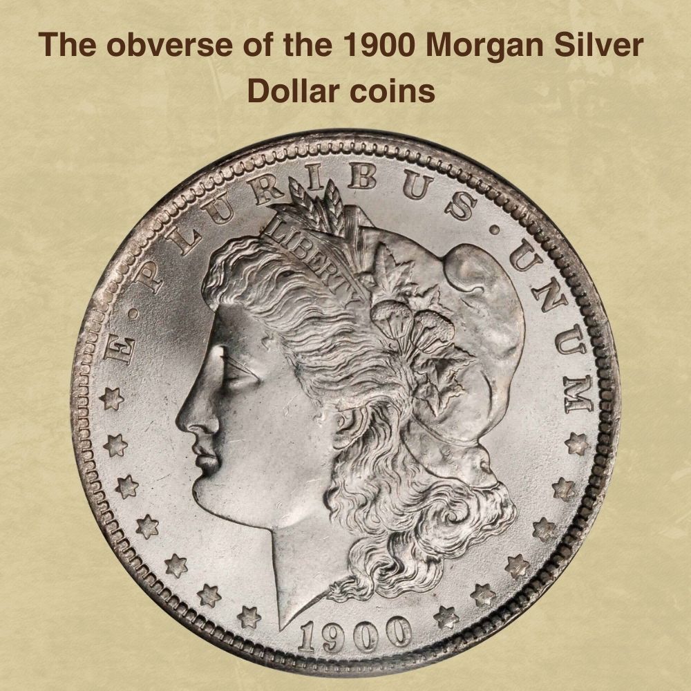 The obverse of the 1900 Morgan Silver Dollar coins