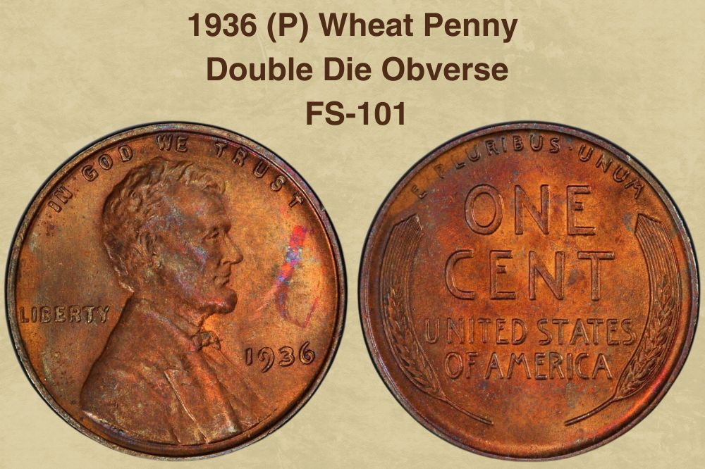 1936 (P) Wheat Penny, Double Die Obverse, FS-101