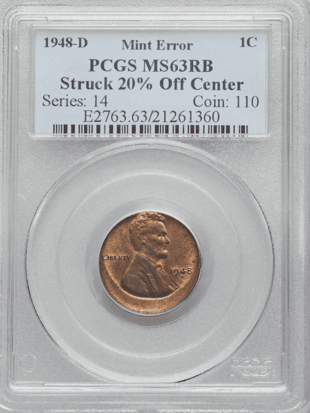 1948-D Wheat Penny Struck 20% Off-Center