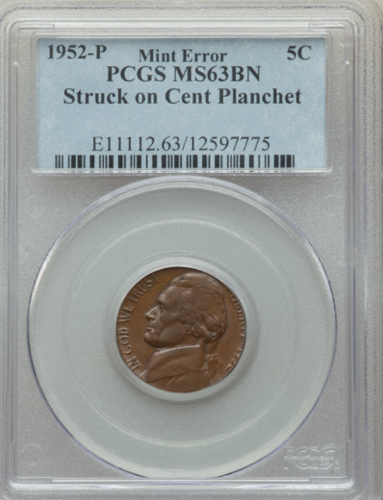 1952 (P) Nickel Struck on a Penny Planchet