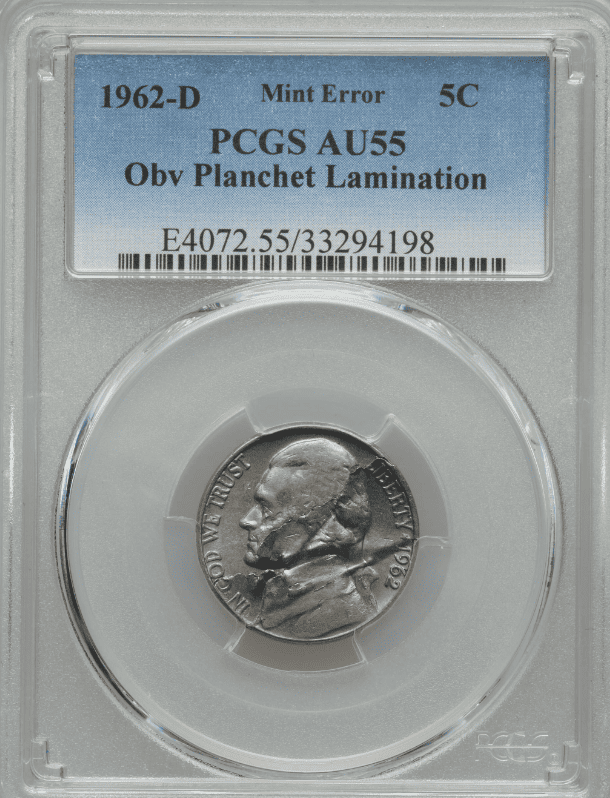 1962 D Nickel, Obverse Planchet Lamination