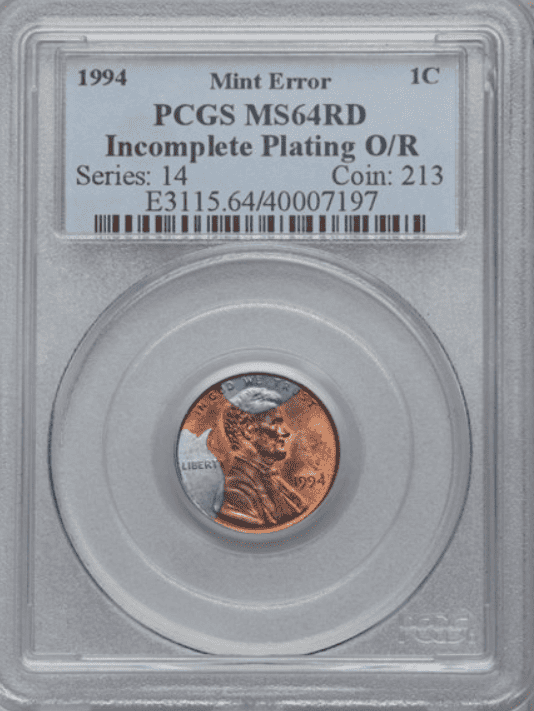 1994 (P) Penny Incomplete Plating Error