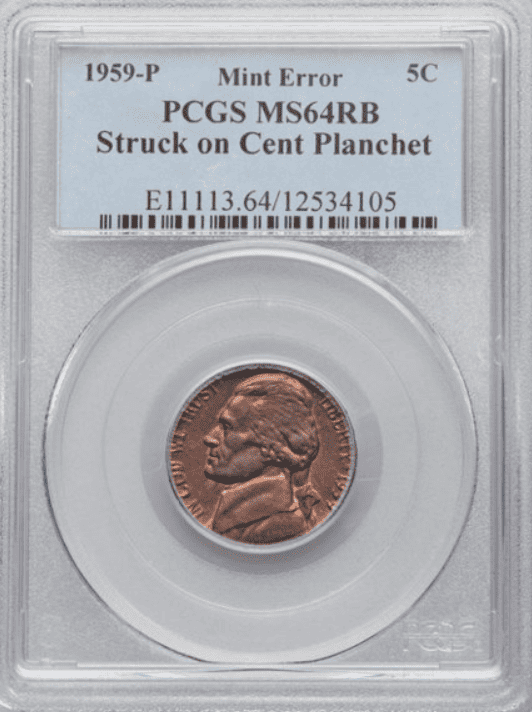 Nickel struck on a penny planchet