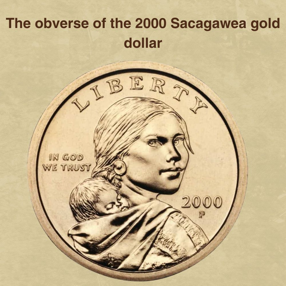 The obverse of the 2000 Sacagawea gold dollar