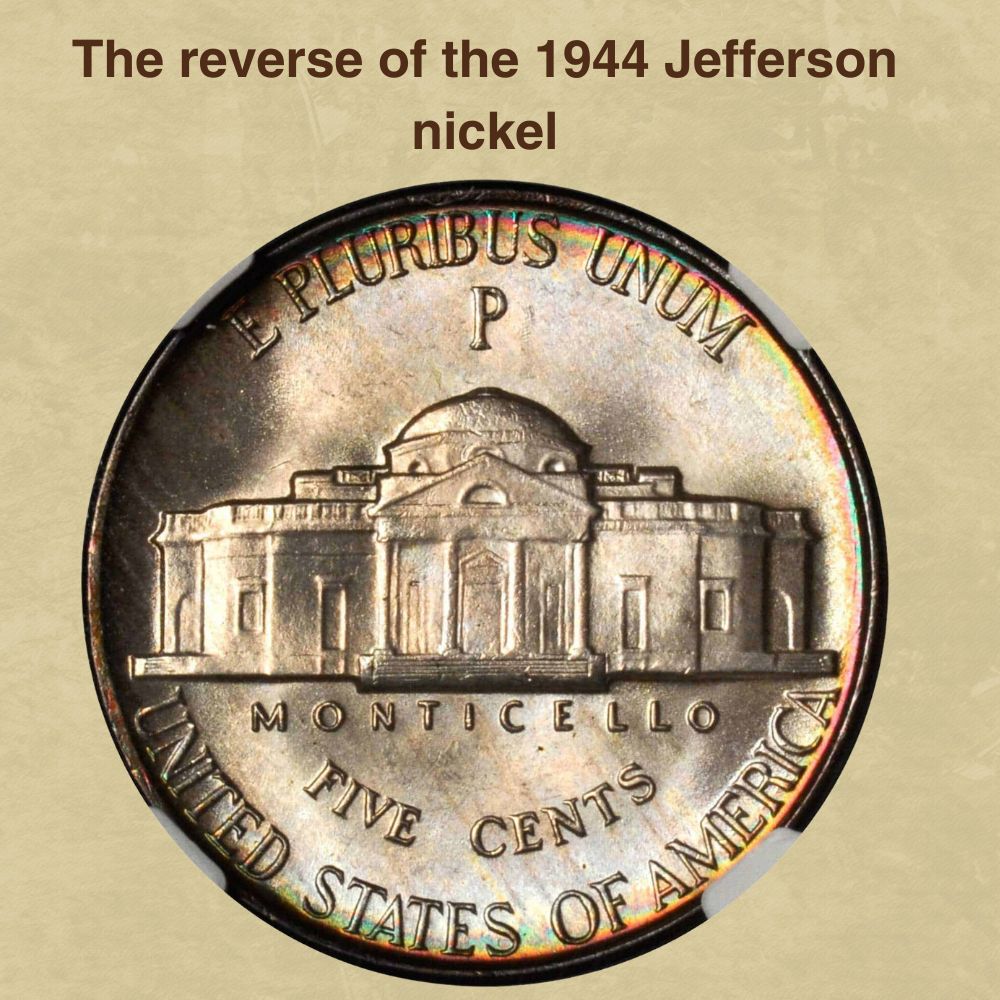 The reverse of the 1944 Jefferson nickel