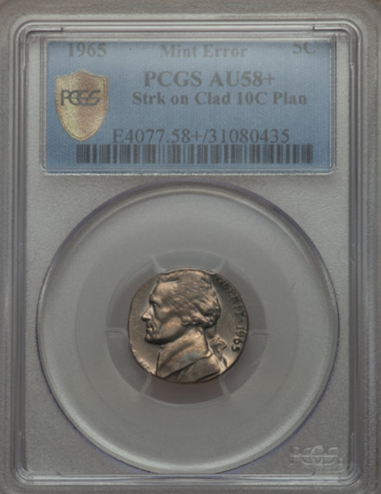 1965 Nickel, Struck on Clad 10-cent Planchet