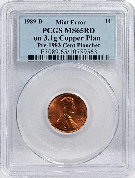 1989 Penny struck on a copper planchet