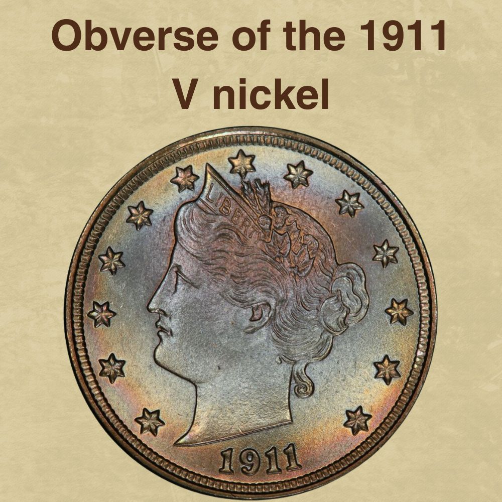The obverse of the 1911 V nickel