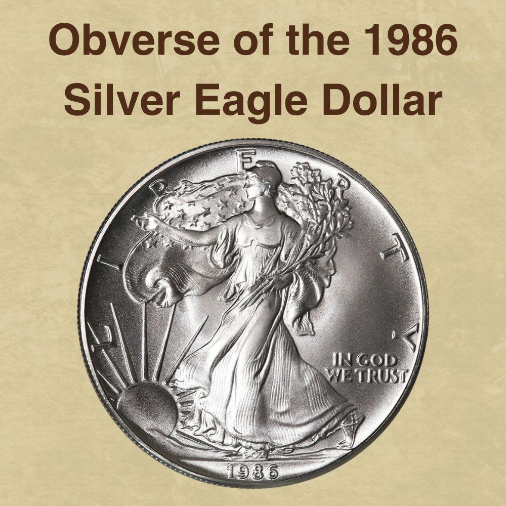 The obverse of the 1986 Silver Eagle Dollar