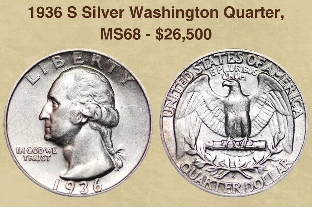 1936 S Silver Washington Quarter, MS68  - $26,500