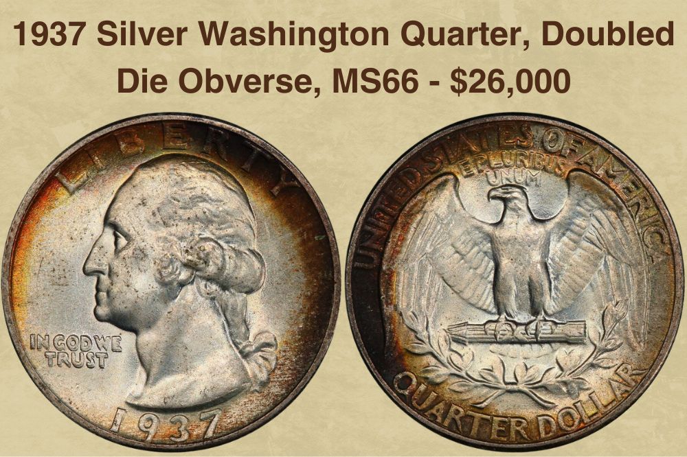 1937 Silver Washington Quarter, Doubled Die Obverse, MS66  - $26,000