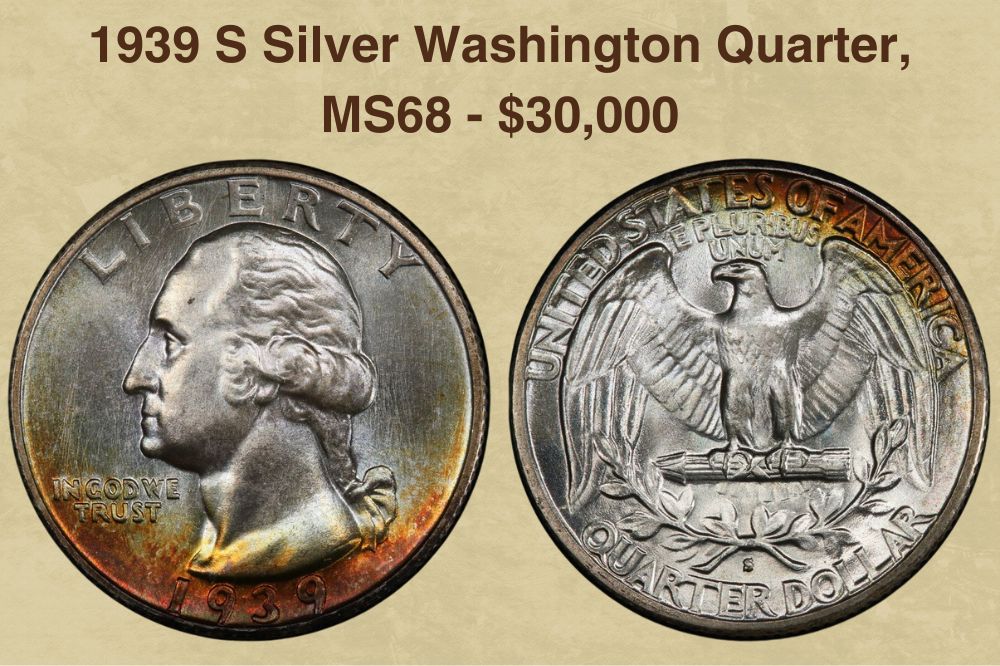 1939 S Silver Washington Quarter, MS68  - $30,000