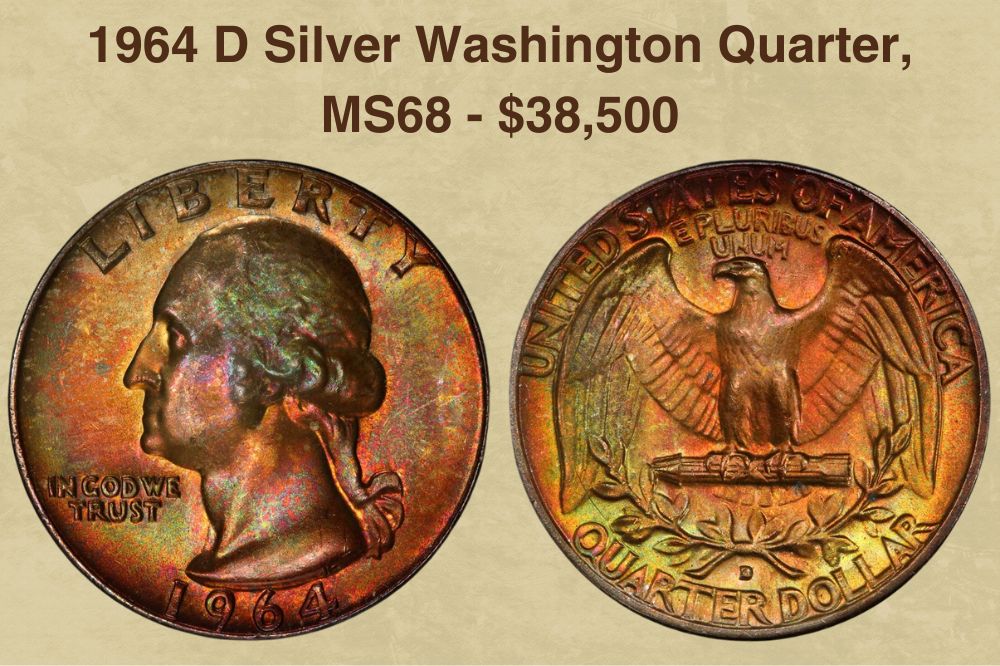 1964 D Silver Washington Quarter, MS68  - $38,500