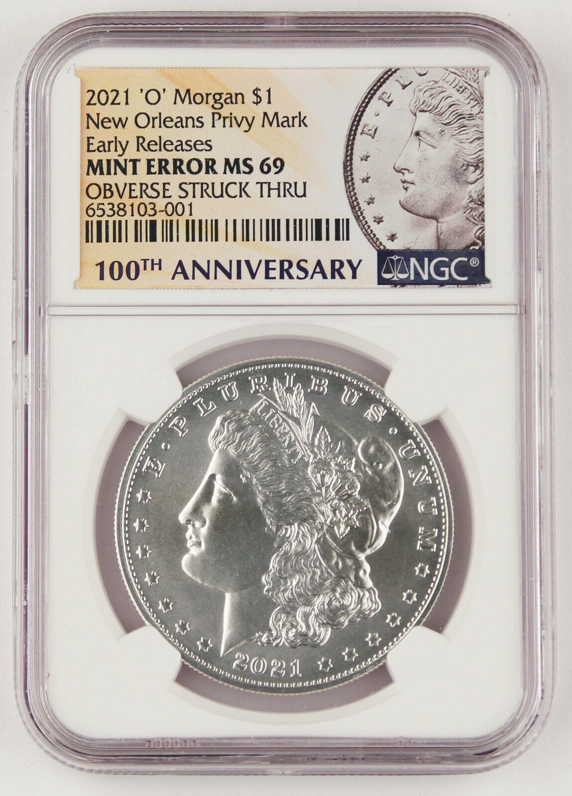 2021-O $1 Morgan Silver Dollar Obverse Struck Through Error (MS69)