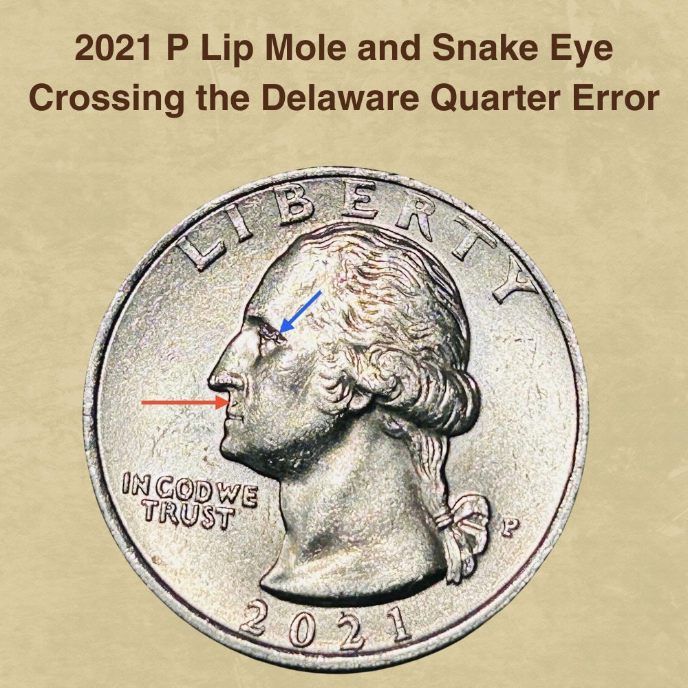2021 P Lip Mole and Snake Eye Crossing the Delaware Quarter Error