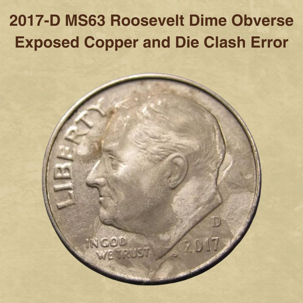 2017-D MS63 Roosevelt Dime Obverse Exposed Copper and Die Clash Error