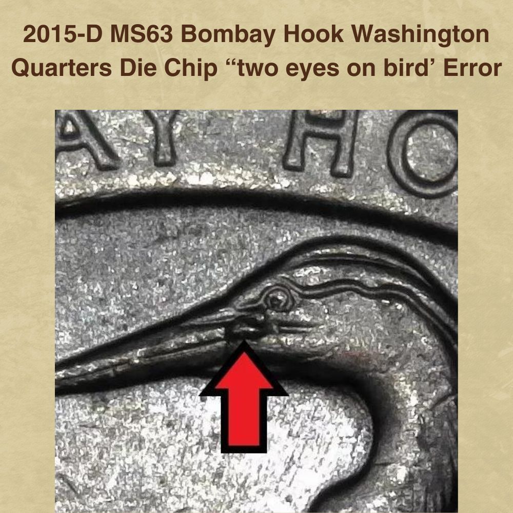 2015-D MS63 Bombay Hook Washington Quarters Die Chip “two eyes on bird’ Error