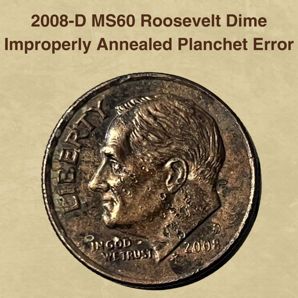 2008-D MS60 Roosevelt Dime Improperly Annealed Planchet Error