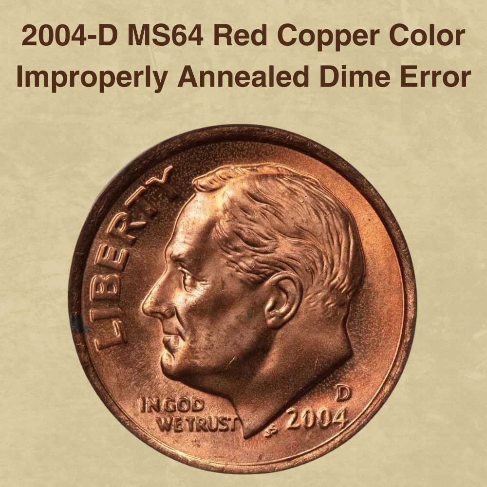 2004-D MS64 Red Copper Color Improperly Annealed Dime Error