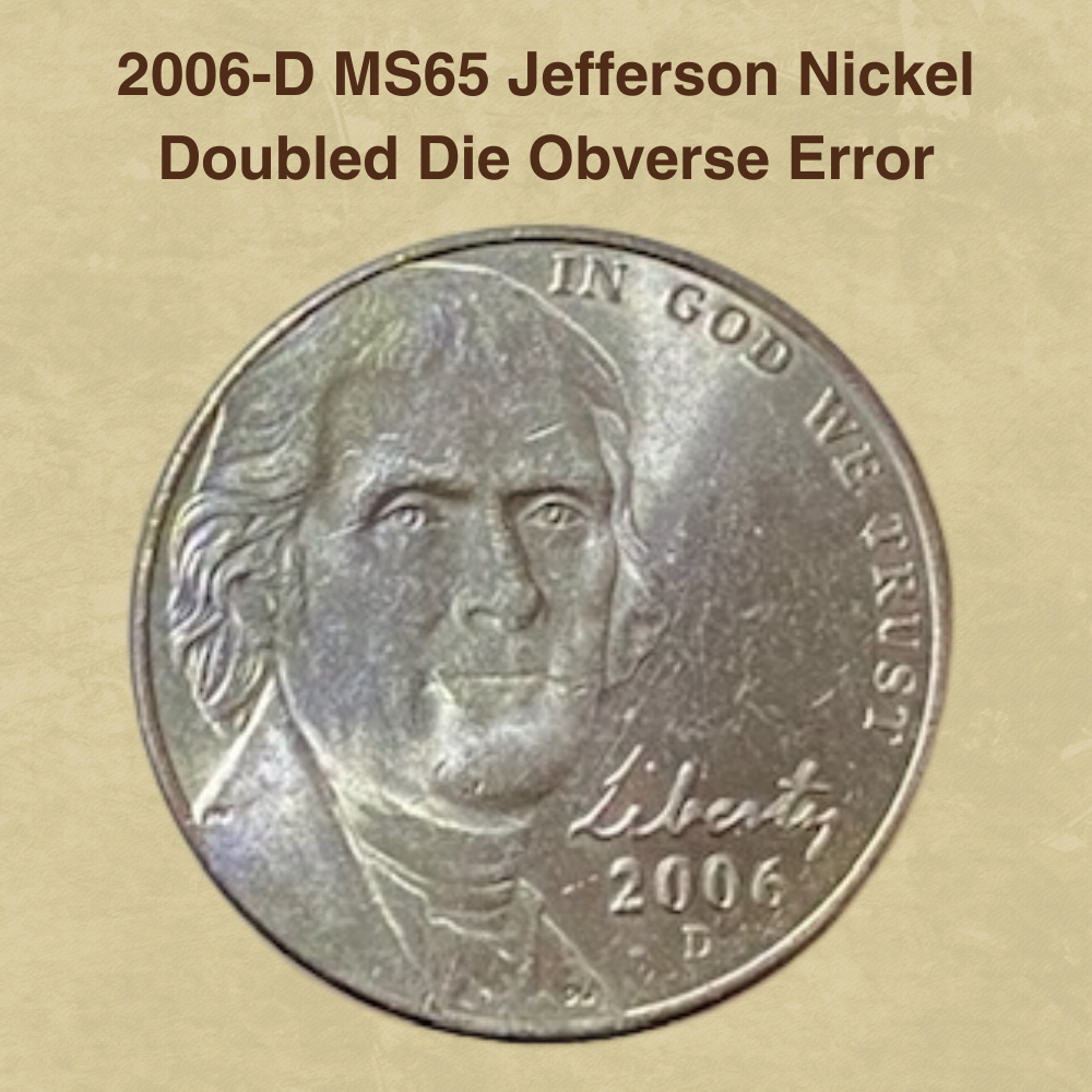2006-D MS65 Jefferson Nickel Doubled Die Obverse Error