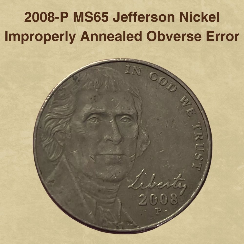 2008-P MS65 Jefferson Nickel Improperly Annealed Obverse Error