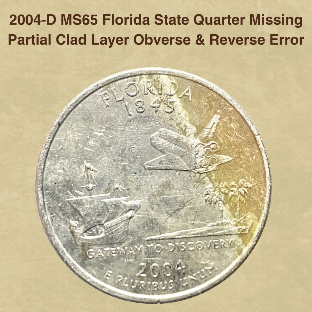 2004-D MS65 Florida State Quarter Missing Partial Clad Layer Obverse & Reverse Error